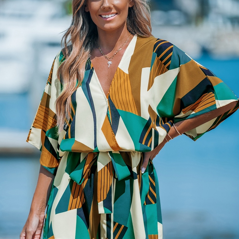 Geometric Patterned Kimono Romper